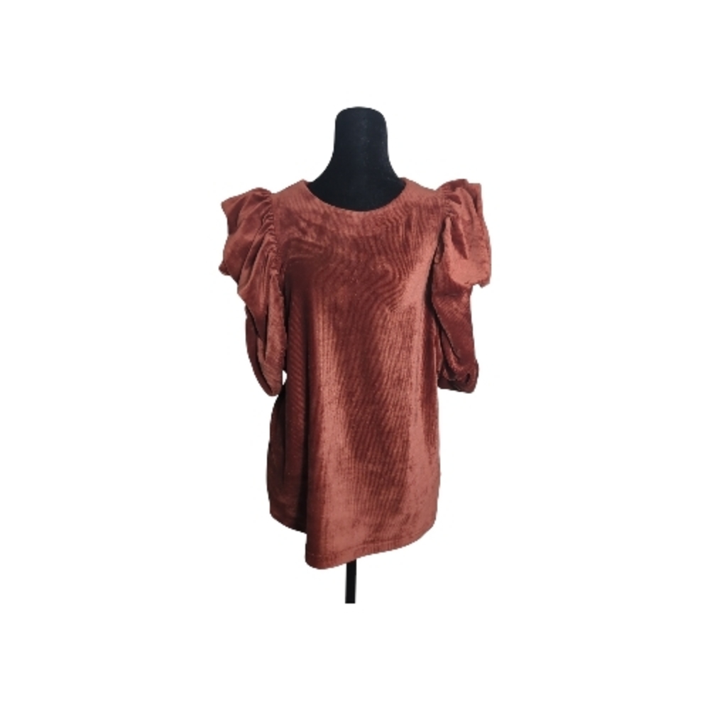 THML Large Rust Cordorouy Puff Sleeve Key Hole Neck Blouse 80's Vibe, Feminine - Picture 3 of 8